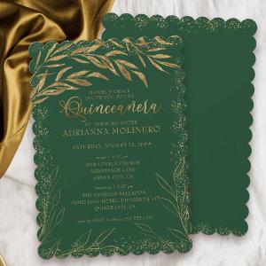 Quinceanera and Mass Emerald Green and Gold Leaves
