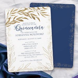 Quinceanera and Mass Luxury Royal Blue Gold Leaves