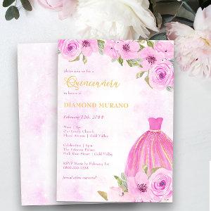 Quinceanera and Mass Pink and Gold Floral Princess