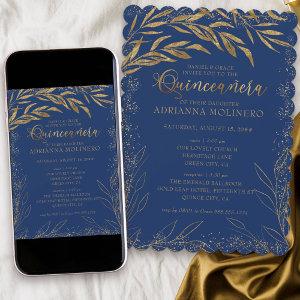Quinceanera and Mass Royal Blue and Gold Leaves