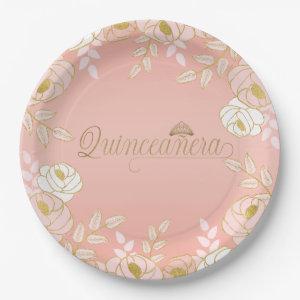 Quinceanera and Tiara Botanical in Pink and Gold Paper Plates