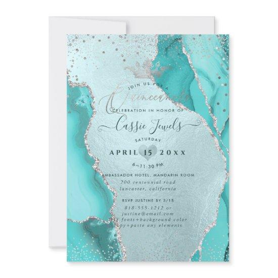 Quinceanera, Aqua Blue Agate Faux Silver Confetti