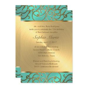 Quinceanera Aqua Green and Gold Filigree Swirls