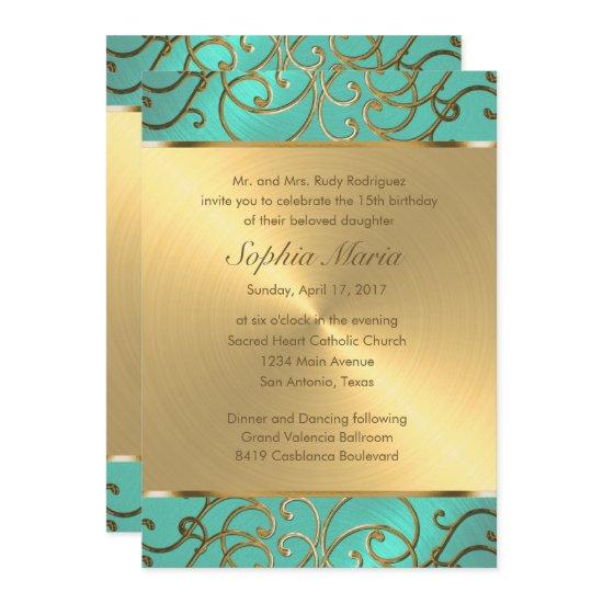 Quinceanera Aqua Green and Gold Filigree Swirls