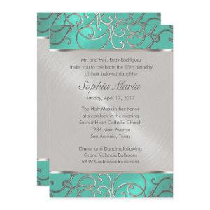 Quinceanera Aqua Green and Silver Filigree Swirls