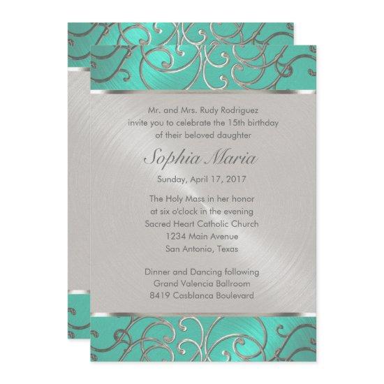 Quinceanera Aqua Green and Silver Filigree Swirls