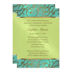Quinceanera Aqua Lime Green Gold Filigree Swirls