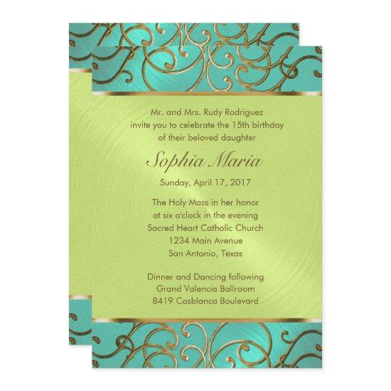 Quinceanera Aqua Lime Green Gold Filigree Swirls