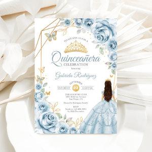 Quinceanera Baby Blue Dress Floral Gold