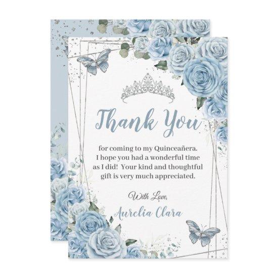 Quinceañera Baby Blue Floral Butterflies Sweet 16 Thank You Card