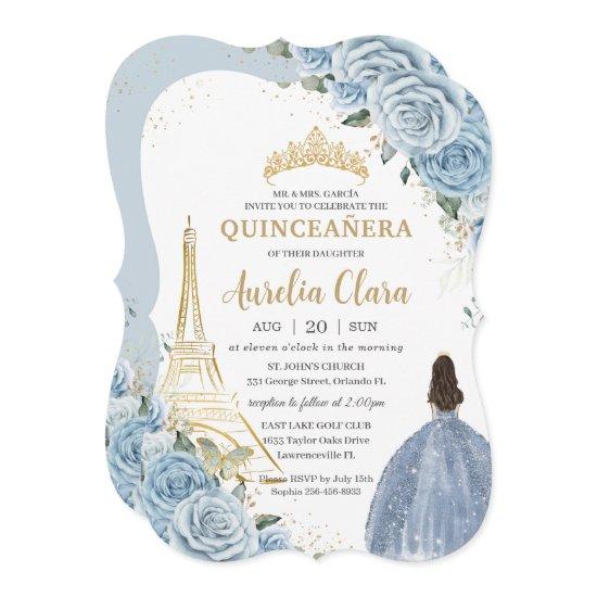 Quinceañera Baby Blue Floral Paris Gold Crown