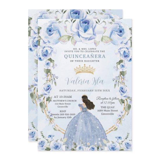 Quinceañera Baby Blue Floral Princess Dress Gold