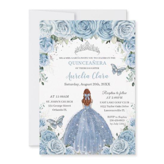 Quinceañera Baby Blue Floral Silver Red Hair Girl