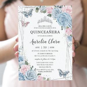 Quinceañera Baby Blue Pale Pink Floral Butterflies
