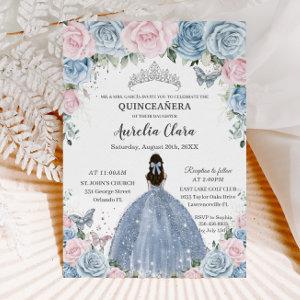 Quinceañera Baby Blue Pink Floral Princess Dress