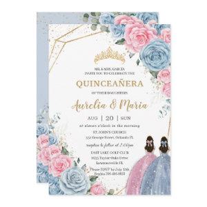 Quinceañera Baby Blue Pink Floral Roses Twins