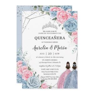 Quinceañera Baby Blue Pink Floral Twins Silver