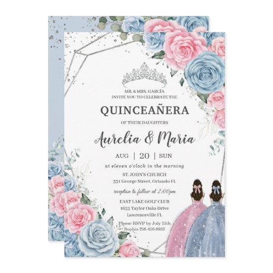 Quinceañera Baby Blue Pink Floral Twins Silver