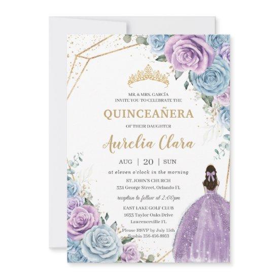 Quinceañera Baby Blue Purple Lilac Floral Gold