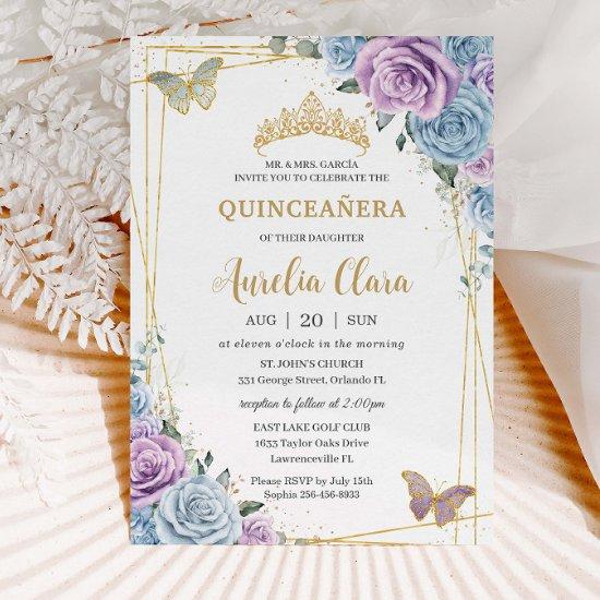 Quinceanera Baby Blue Purple Lilac Floral Gold
