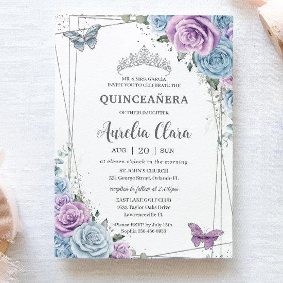 Quinceanera Baby Blue Purple Lilac Floral Silver