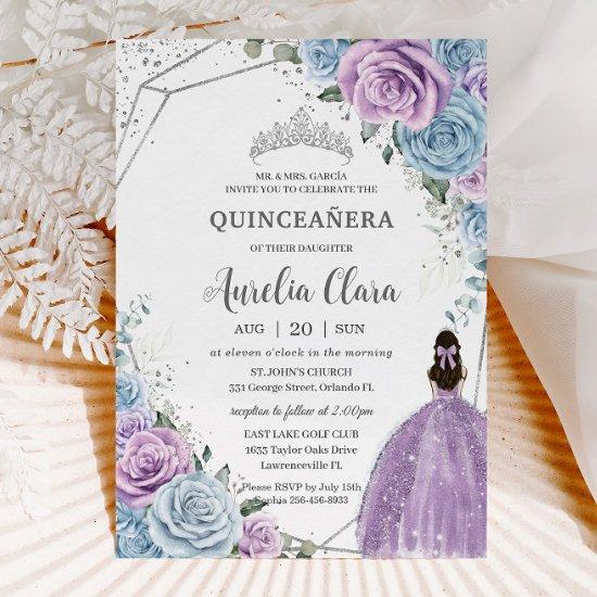 Quinceañera Baby Blue Purple Lilac Floral Silver