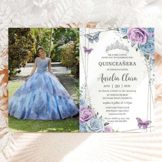 Quinceanera Baby Blue Purple Lilac Floral Silver