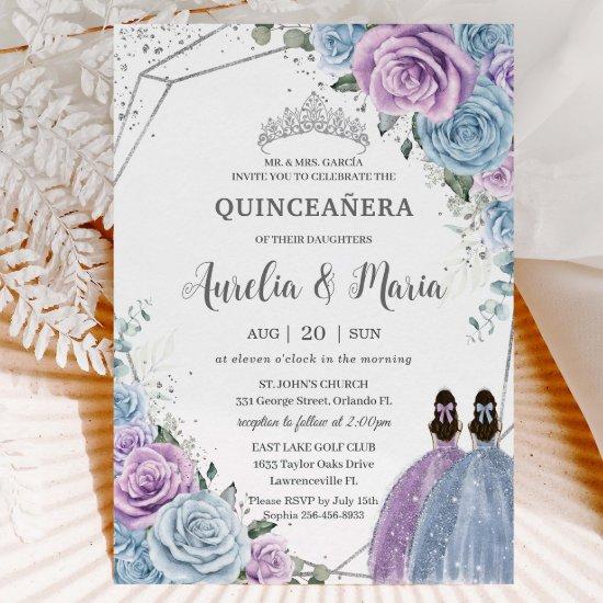 Quinceañera Baby Blue Purple Lilac Floral Twins