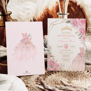 Quinceañera Baby Pink Floral Gold Crown Princess