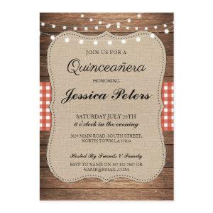 Quinceanera BBQ Party Red Check Rustic Wood Invite