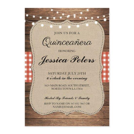 Quinceanera BBQ Party Red Check Rustic Wood Invite