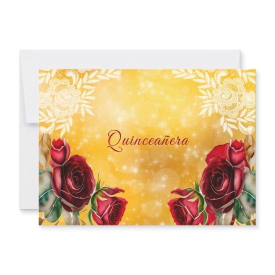Quinceanera Beautiful Red Roses Lace and Gold