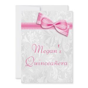 Quinceañera Birthday Damask and Pink Faux Bow