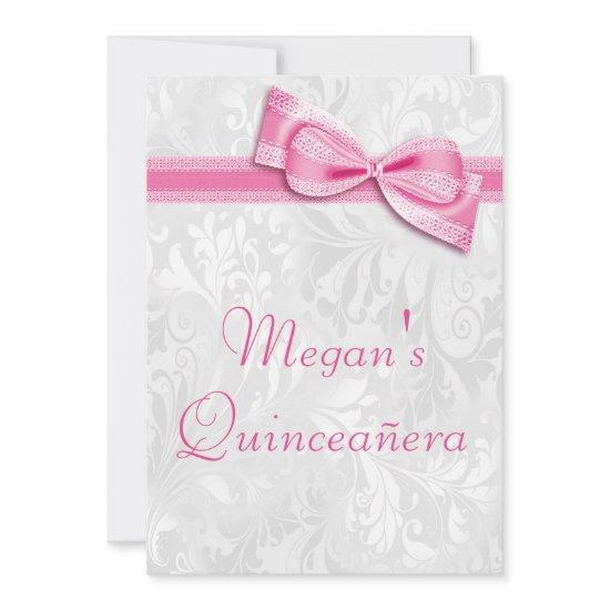 Quinceañera Birthday Damask and Pink Faux Bow