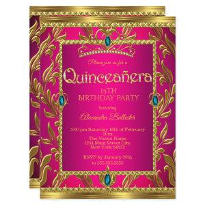 Quinceanera Birthday Hot Pink Teal Blue Tiara Gold