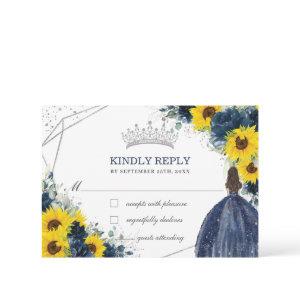 Quinceañera Birthday Navy Blue Sunflower Floral  RSVP Card