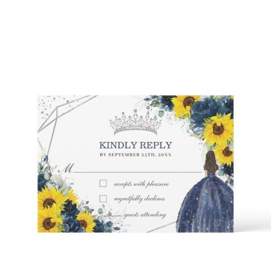 Quinceañera Birthday Navy Blue Sunflower Floral  RSVP Card