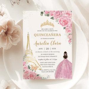 Quinceañera Birthday Pink Floral Paris Eiffel Gold