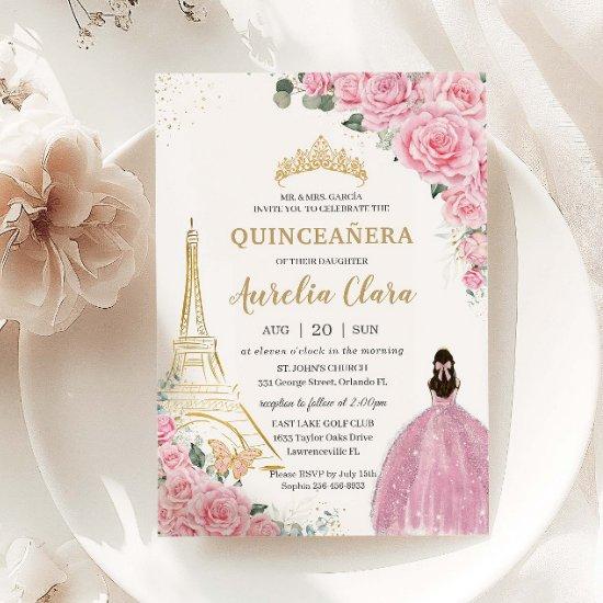 Quinceañera Birthday Pink Floral Paris Eiffel Gold