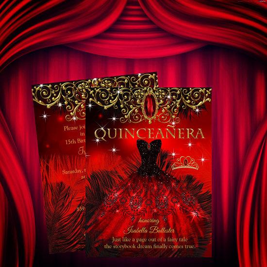 Quinceanera Birthday Red Black Feathers Tiara Gold