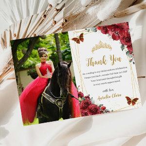 Quinceañera Birthday Red Floral Butterflies Photo Thank You Card