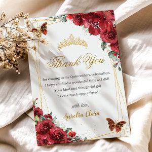 Quinceañera Birthday Red Floral Gold Butterflies Thank You Card