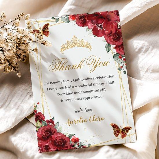 Quinceañera Birthday Red Floral Gold Butterflies Thank You Card
