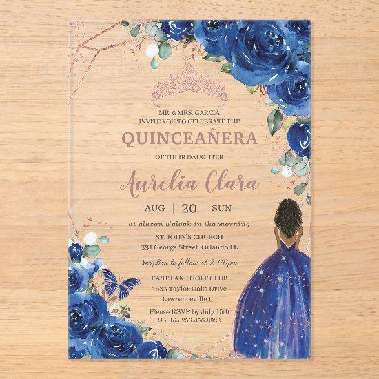 Quinceañera Birthday Royal Blue Floral Brown Girl Acrylic