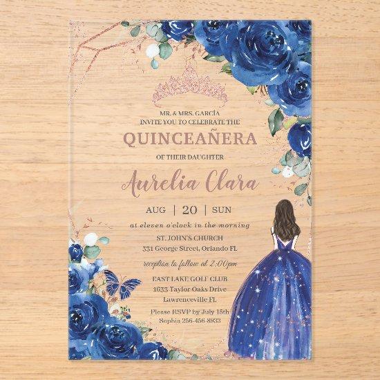 Quinceañera Birthday Royal Blue Floral Princess Acrylic