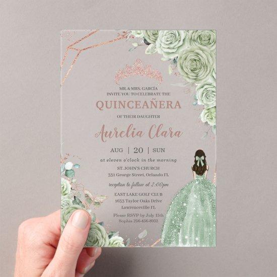 Quinceañera Birthday Sage Green Floral Rose Gold Acrylic