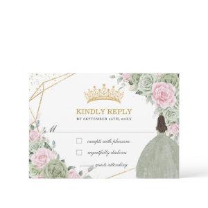Quinceañera Birthday Sage Green Soft Pink Floral RSVP Card