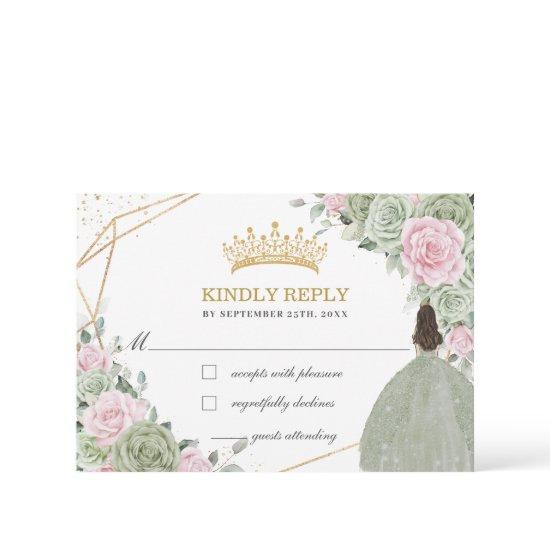Quinceañera Birthday Sage Green Soft Pink Floral RSVP Card