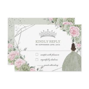 Quinceañera Birthday Sage Green Soft Pink Floral RSVP Card