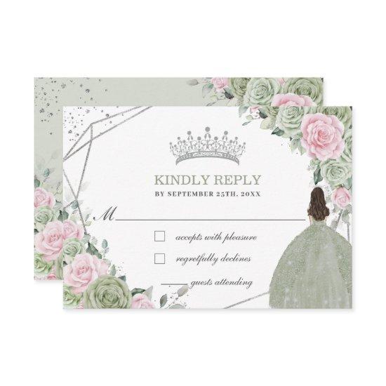 Quinceañera Birthday Sage Green Soft Pink Floral RSVP Card